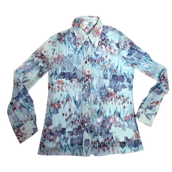 VINTAGE 70s sheer floral disco pointed collar button up top blouse deadstock S - Picture 1 of 10